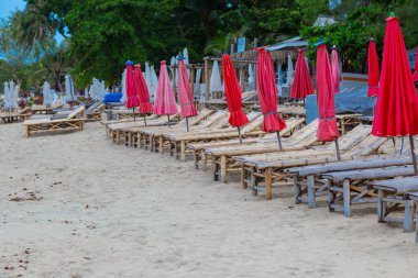Tropikal plaj ve deniz altyapısıyla dinlenmek için kumsalda sıralanmış güneş yatakları.