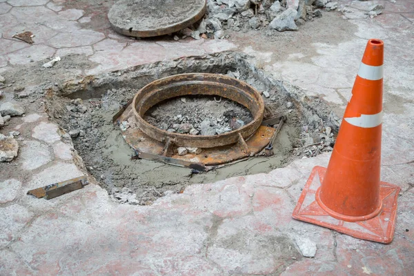 Reparación Alcantarillado Mantenimiento Drenaje Fondo Del Sitio Carretera — Foto de Stock