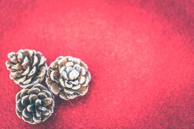 Kırmızı arka planda kurumuş çam topları