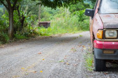 Eski kamyonun lastiği patlamış ve ormana giden yol...