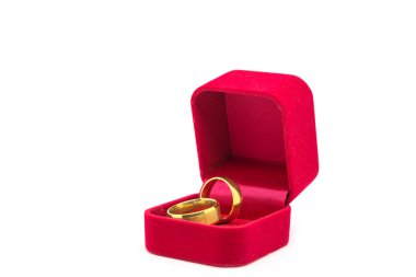 Beyaz arka planda kırmızı kadife kutuda alyans