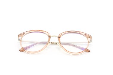 Beyaz arka planda modern temiz pembe çerçeveli gözlük.