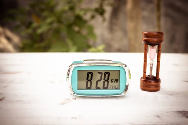 Light Blue Digital Clock Hourglass Vintage Wooden Panels — Zdjęcie stockowe