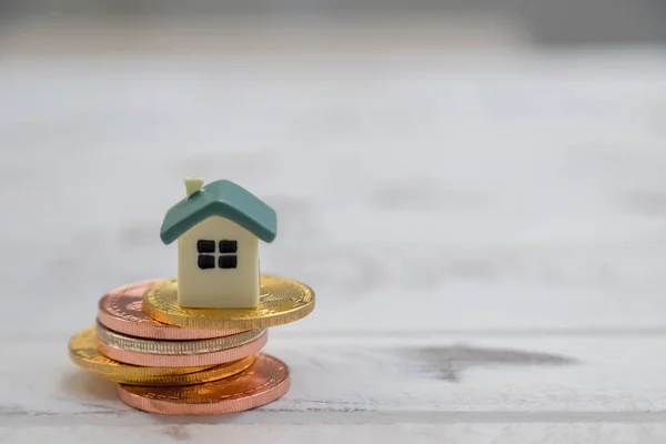 Casa Coloca Una Moneda Oro Con Fondo Madera Blanca — Foto de Stock