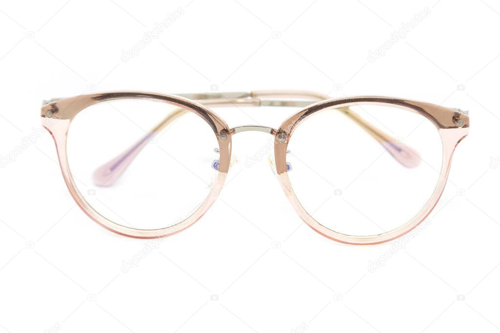 Modern clear pink frame glasses on a white background