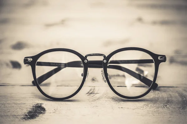 Black Frame Clear Glasses Vintage Table Background — Stock Photo, Image