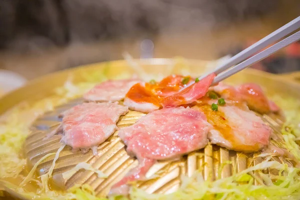Pork Slides Grill Food Brass Pan Cabbage Vegetable — ストック写真