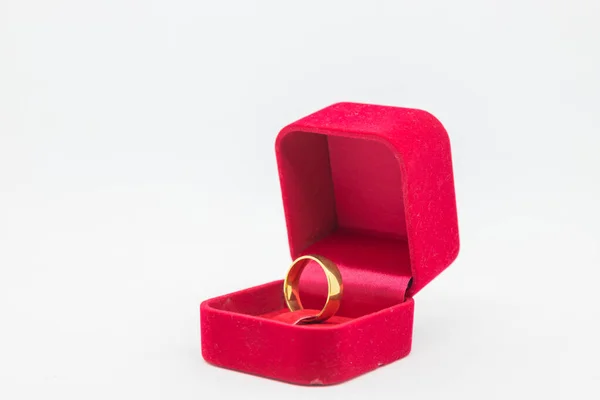 Wedding Ring Red Velvet Box White Background —  Fotos de Stock