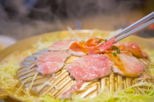 Varkensvlees Dia Grill Voedsel Een Messing Pan Met Kool Groente — Stockfoto