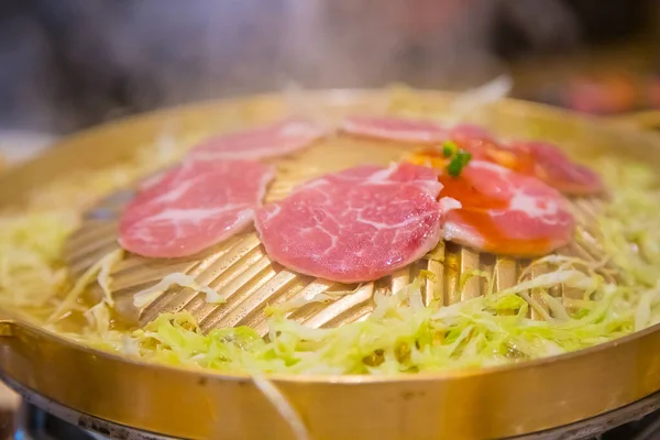 Pork Slides Grill Food Brass Pan Cabbage Vegetable — Stock Photo, Image