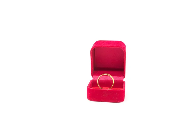 Wedding Ring Red Velvet Box White Background — Fotografia de Stock