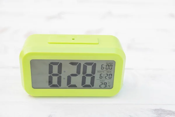 Light Green Digital Clock Vintage Wooden Panels — Stockfoto