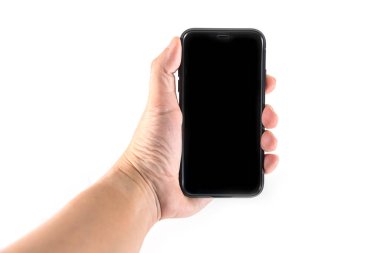 Cep telefonunu tutacak el beyaz arkaplanda izole edildi