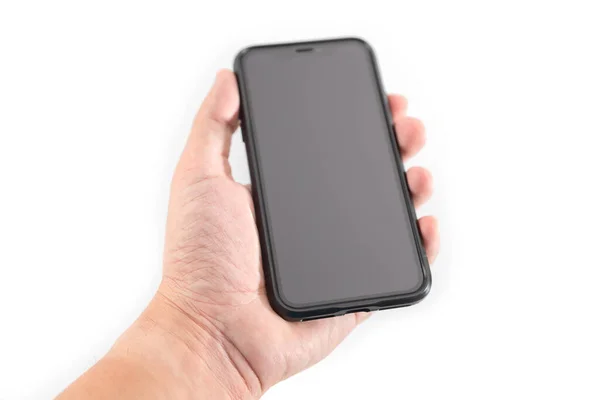 Hand Mobiele Telefoon Geïsoleerd Houden Een Witte Achtergrond — Stockfoto
