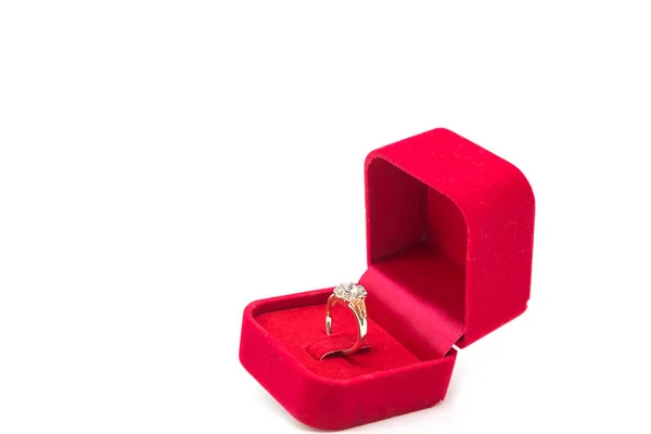 Wedding Ring Red Velvet Box White Background —  Fotos de Stock