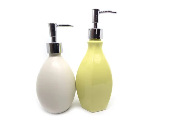 Modern Multi Colored Shower Gel Bottles White Background —  Fotos de Stock