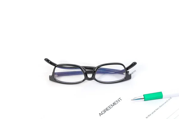 Sign Contract Document Fountain Pen Glasses White Background — Stockfoto