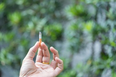 Yeşil doğal arka planda sigara tutan bir adamın eli.