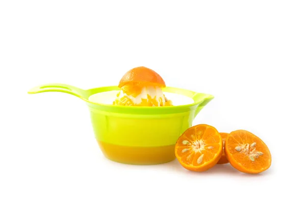 Prepare Fresh Squeezed Orange Juice Green Juicer White Background — Stock Photo, Image