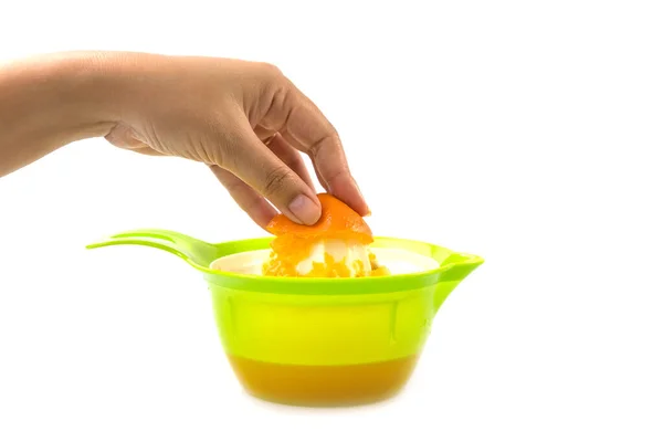 Bereiten Sie Frisch Gepressten Orangensaft Mit Einer Grünen Saftpresse Auf — Stockfoto