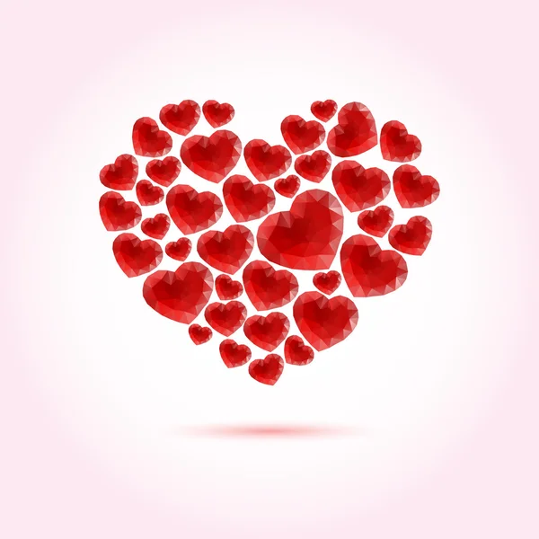 Birçok soyut poligonal kalpleri yapılmış kırmızı parlak vektör kalp — Stok Vektör