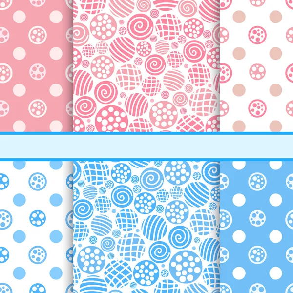Roze en blauw set van polka dot stof naadloze patronen - vector — Stockvector