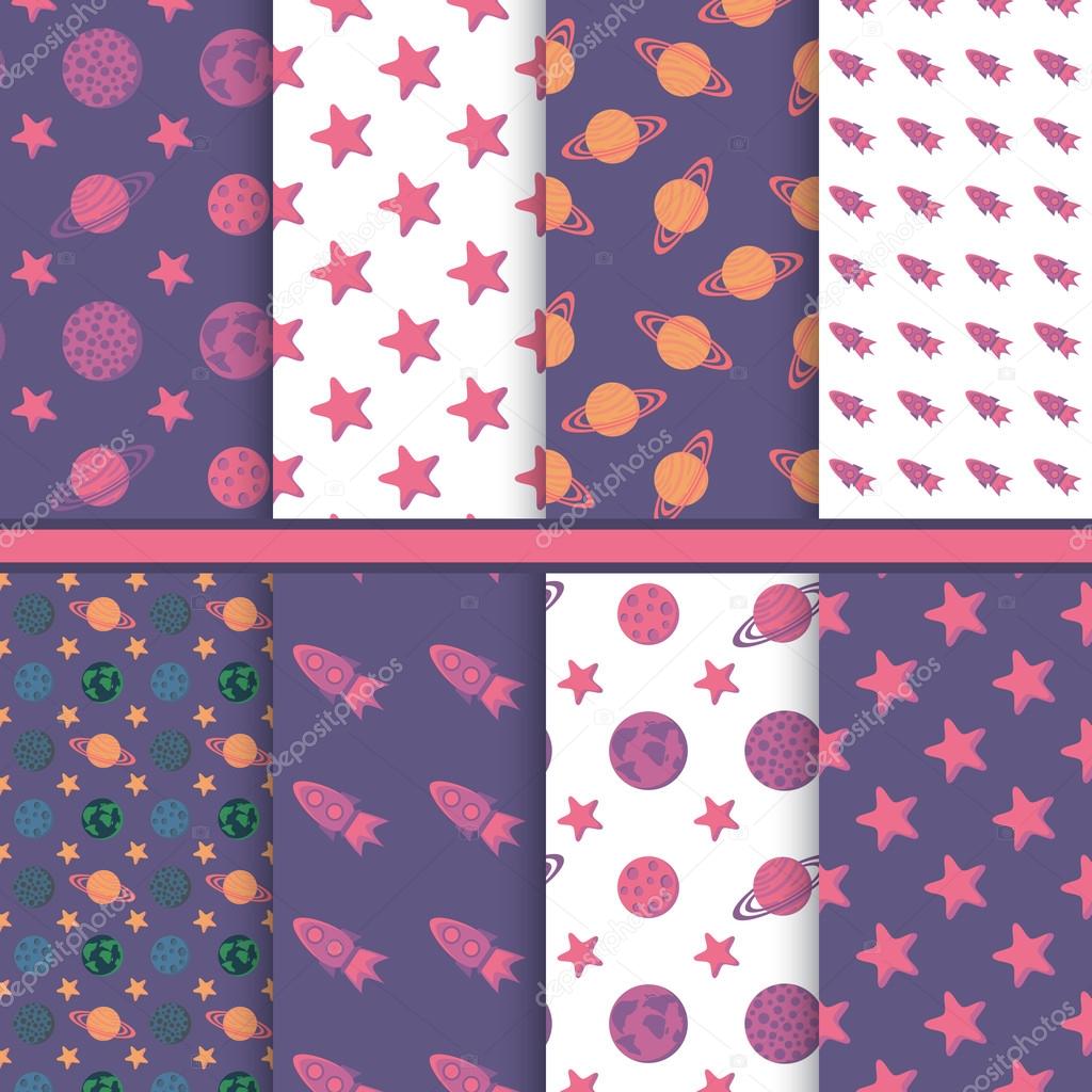 Set of seamless patterns with space, planets, stars