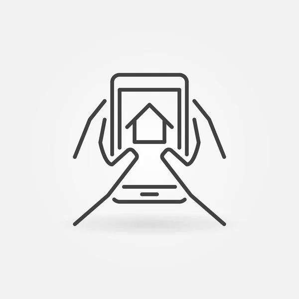 Icona lineare dell'app mobile immobiliare. Mani con segno Smartphone — Vettoriale Stock