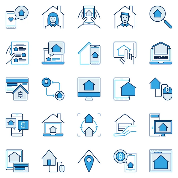 Online Real Estate Agency icone colorate Comprare, vendere, affittare segni di casa — Vettoriale Stock