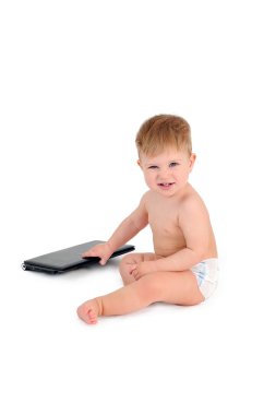 Small businessman sitting with a laptop, a child on a white back clipart