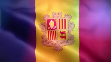 Uluslararası Andorra bayrağı. Andorra bayrağı kusursuz yakın plan el sallama animasyonu. Bilgisayar Andorra bayrağı yaptı. Rüzgarda dalgalanan kumaş desenli bayrağın 3D animasyonu.