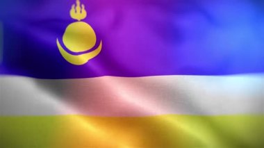 Uluslararası Buryatia bayrağı. Buryatia bayrağı kusursuz yakın plan el sallama animasyonu. Bilgisayar Buryatia bayrağı yaptı. Rüzgarda dalgalanan kumaş desenli bayrağın 3D animasyonu.