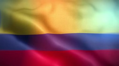 Uluslararası Kolombiya bayrağı. Kolombiya bayrağı kusursuz yakın plan el sallama animasyonu. Bilgisayar destekli Kolombiya bayrağı. Rüzgarda dalgalanan kumaş desenli bayrağın 3D animasyonu.