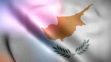 Uluslararası Kıbrıs bayrağı. Kıbrıs bayrağı pürüzsüz yakın plan el sallıyor. Bilgisayar tarafından oluşturulan Kıbrıs bayrağı. Rüzgarda dalgalanan kumaş desenli bayrağın 3D animasyonu.
