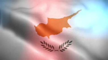 Uluslararası Kıbrıs bayrağı. Kıbrıs bayrağı pürüzsüz yakın plan el sallıyor. Bilgisayar tarafından oluşturulan Kıbrıs bayrağı. Rüzgarda dalgalanan kumaş desenli bayrağın 3D animasyonu.