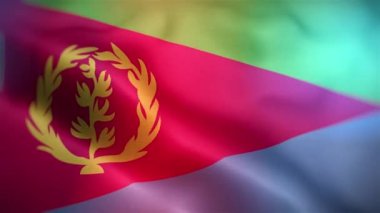 Eritre 'nin uluslararası bayrağı. Eritre bayrağı. Direk yakın plan el sallama animasyonu. Bilgisayar Eritre bayrağı oluşturdu. Rüzgarda dalgalanan kumaş desenli bayrağın 3D animasyonu.