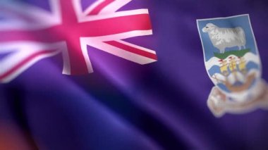 Falkland Adası 'nın uluslararası bayrağı. Falkland Adası bayrağı, yakın plan hareketli. Bilgisayar Falkland Adası bayrağını üretti. Rüzgarda dalgalanan kumaş desenli bayrağın 3D animasyonu.