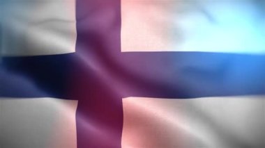 Uluslararası Finlandiya bayrağı. Finlandiya 'da yakın plan hareketli hareketler yapılıyor. Bilgisayar Finlandiya bayrağını oluşturdu. Rüzgarda dalgalanan kumaş desenli bayrağın 3D animasyonu.