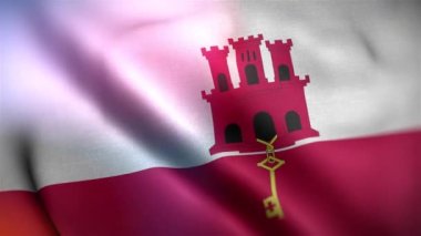 Uluslararası Cebelitarık bayrağı. Cebelitarık bayrağı kusursuz yakın plan el sallama animasyonu. Bilgisayar tarafından üretilen Cebelitarık bayrağı. Rüzgarda dalgalanan kumaş desenli bayrağın 3D animasyonu.