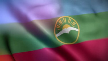 Karachay Çerkesya 'nın uluslararası bayrağı. Karachay Çerkesya bayrağı, dikişsiz yakın plan el sallama animasyonu. Bilgisayar Karachay Çerkesya bayrağı yaptı. Rüzgarda dalgalanan kumaş desenli bayrağın 3D animasyonu.