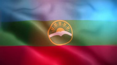 Karachay Çerkesya 'nın uluslararası bayrağı. Karachay Çerkesya bayrağı, dikişsiz yakın plan el sallama animasyonu. Bilgisayar Karachay Çerkesya bayrağı yaptı. Rüzgarda dalgalanan kumaş desenli bayrağın 3D animasyonu.