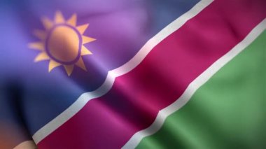 Uluslararası Nambia bayrağı. Nambia bayrağı kusursuz yakın plan el sallama animasyonu. Bilgisayar destekli Nambia bayrağı. Rüzgarda dalgalanan kumaş desenli bayrağın 3D animasyonu.