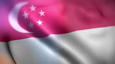 Uluslararası Singapur bayrağı. Singapur bayrağı kusursuz yakın plan el sallama animasyonu. Bilgisayar Singapur bayrağı üretti. Rüzgarda dalgalanan kumaş desenli bayrağın 3D animasyonu.