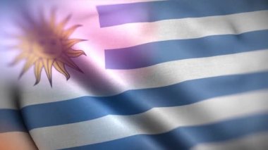 Uruguay 'ın uluslararası bayrağı. Uruguay bayrağı kusursuz yakın plan el sallama animasyonu. Bilgisayar yapımı Uruguay bayrağı. Rüzgarda dalgalanan kumaş desenli bayrağın 3D animasyonu.