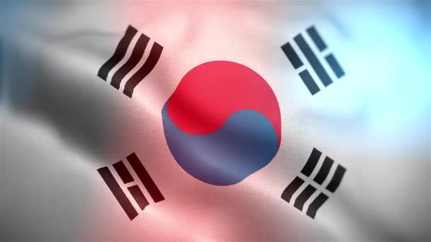南韩的国旗 韩国国旗无缝特写挥动动画 电脑制造的南韩国旗 织物纹理旗在风中飘扬的3D动画 — 图库视频影像