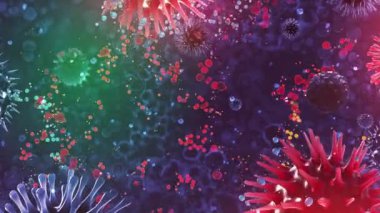 Coronavirus covid-19 'un 3 boyutlu mikroskop görüntüsü. Coronavirus 2019 sars nCov-1 roman Coronavirus kavramı covid. Omicron sars cov-2 romanı Coronavirus 2021. Metin, başlık, canlandırma için 3d canlandırılmış kırmızı renk virüsü arkaplanı