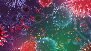 Coronavirus covid-19 'un 3 boyutlu mikroskop görüntüsü. Coronavirus 2019 sars nCov-1 roman Coronavirus kavramı covid. Omicron sars cov-2 romanı Coronavirus 2021. Metin, başlık, canlandırma için 3d canlandırılmış kırmızı renk virüsü arkaplanı