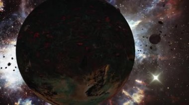 Kurgusal yabancı gezegen, dış uzay gezegenleri. Uzaylı gezegen ressamı. Uzay yolculuğu döngüsü videosu. 3D görüntüleme. Gerçekçi bir uzaylı gezegen yüzey dönüşünün animasyonu, uzay arka planı, nebula ve yıldızlarla.