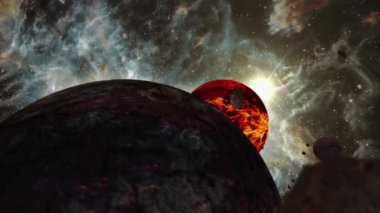 Kurgusal yabancı gezegen, dış uzay gezegenleri. Uzaylı gezegen ressamı. Uzay yolculuğu döngüsü videosu. 3D görüntüleme. Gerçekçi bir uzaylı gezegen yüzey dönüşünün animasyonu, uzay arka planı, nebula ve yıldızlarla.