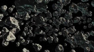 İnanılmaz asteroitler, yıldızlı karanlık uzay asteroit alanının içinden güzel sinematik uçuşlar. Karanlık uzayda dönen ve hareket eden gerçekçi göktaşı veya göktaşı kayası.